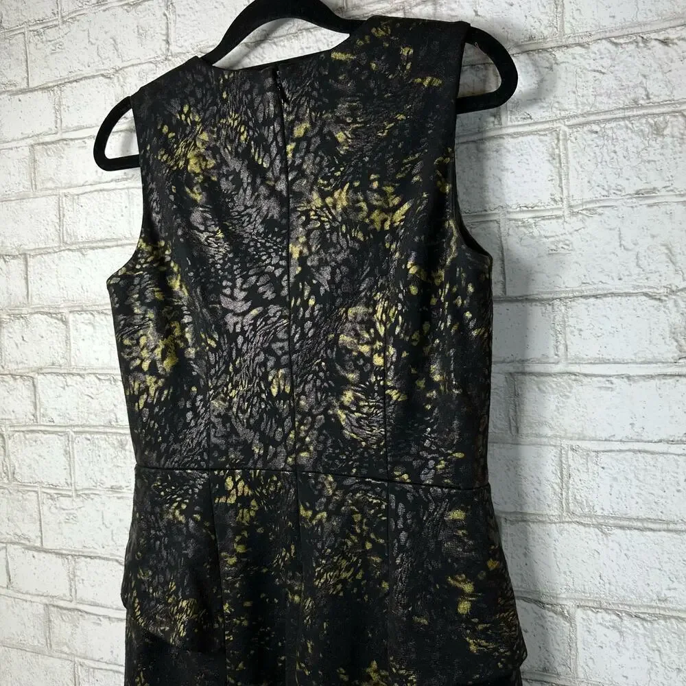 Cynthia Steffe Dress Peplum Sheath Mini Sleeveless Snake Reptile Black Gold 8